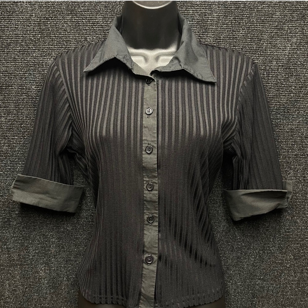 Rave Black Ribbed Button Down Shirt Short Sleeve Sheer‎ Goth Y2K 90s Top Sz S/M